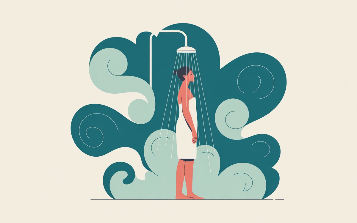 Flat illustration of a person standing under a hot shower wrapped in soft teal steam — the signature relief of cannabinoid hyperemesis syndrome